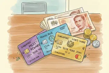 A drawing illustration of a few miles credit cards on a table next to Singapore dollar cash.