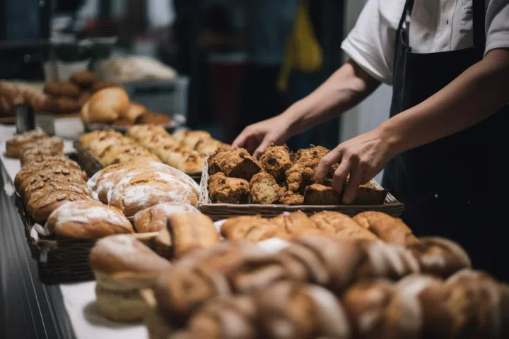 cropped shot of a person sampling bread at a bakery, created with generative ai