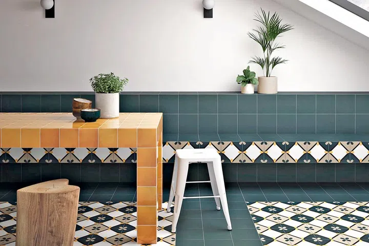 Bauhome Korola Cold geometric and floral tile, available at Hafary.