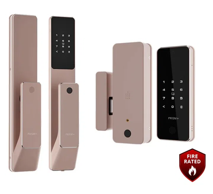Military-grade and fire-rated door lock in copper rose from PRISM+.