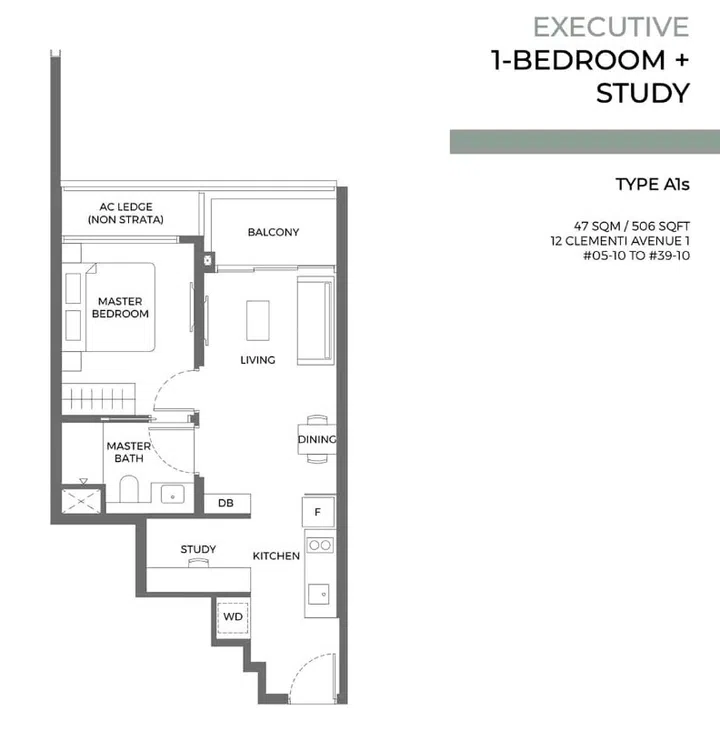 ELTA Clementi 1-bedroom and study (type A1s) floor plan.