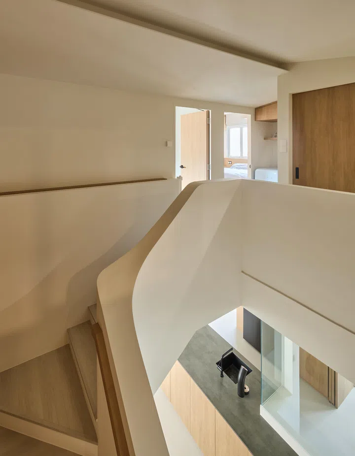 Aerial view from the second floor.in a 2-storey 3-bedroom HDB Executive Maisonette (1,600 sq ft), interiors designed by Sze Ming from Studio Kabi.