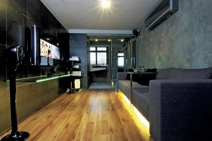 three-room HDB, HDB, living room, black