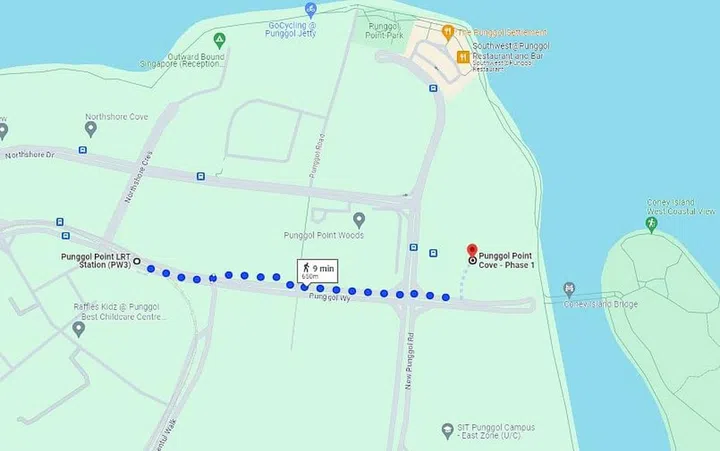 Punggol Point Cove BTO is a 9-minute walk from Punggol Point LRT Station. Screengrab from Google Maps.