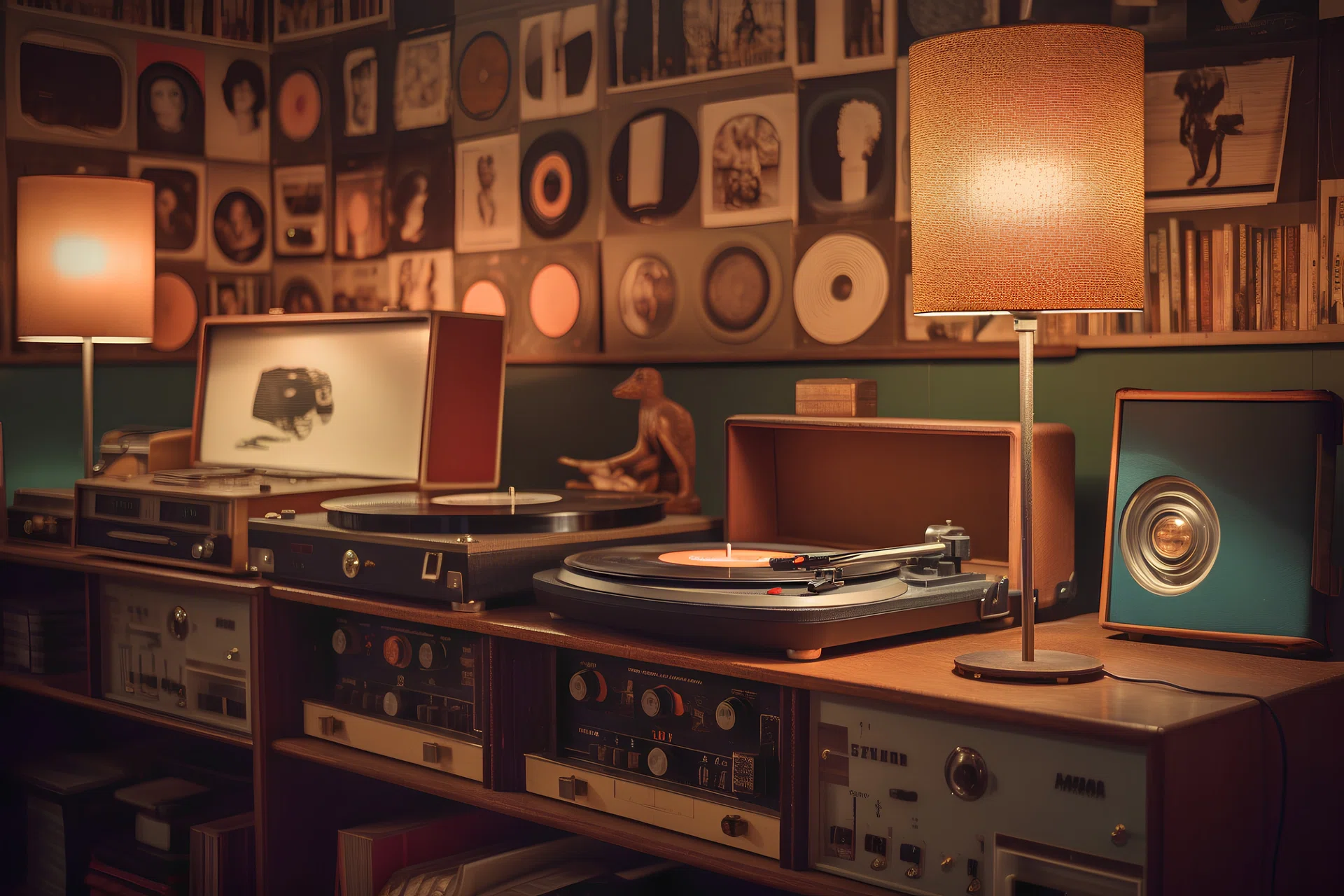 Vintage vinyl record player, radio and lamp in music room.