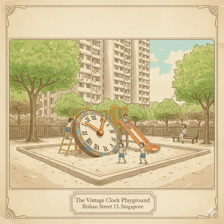 A drawing illustration of The Vintage Clock playground at Bishan Street 13.