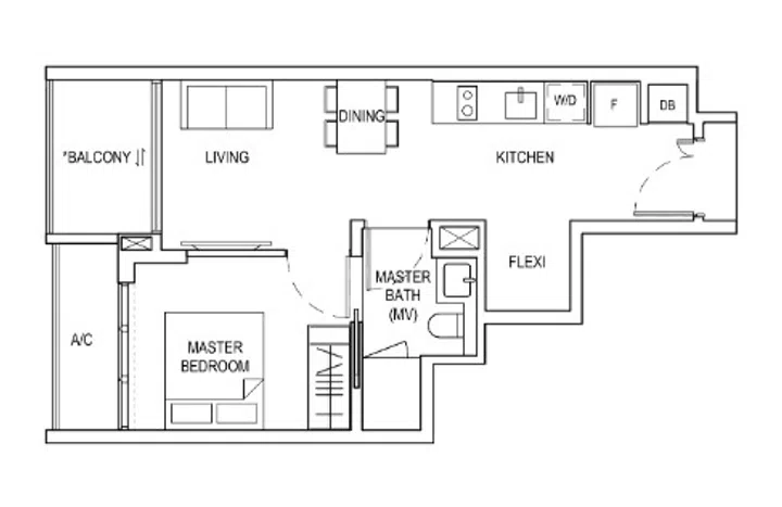 Bagnall Haus condo 1-bedroom + flexi (Type A1) 46 sqm floor plan.