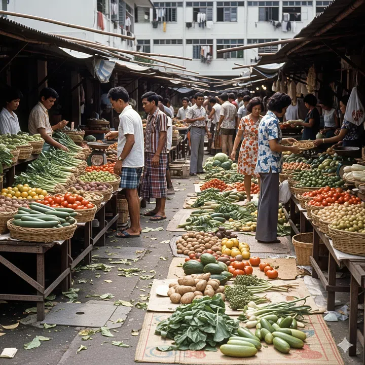 AI image of a vegetable market in Chai Chee in the 1970s.