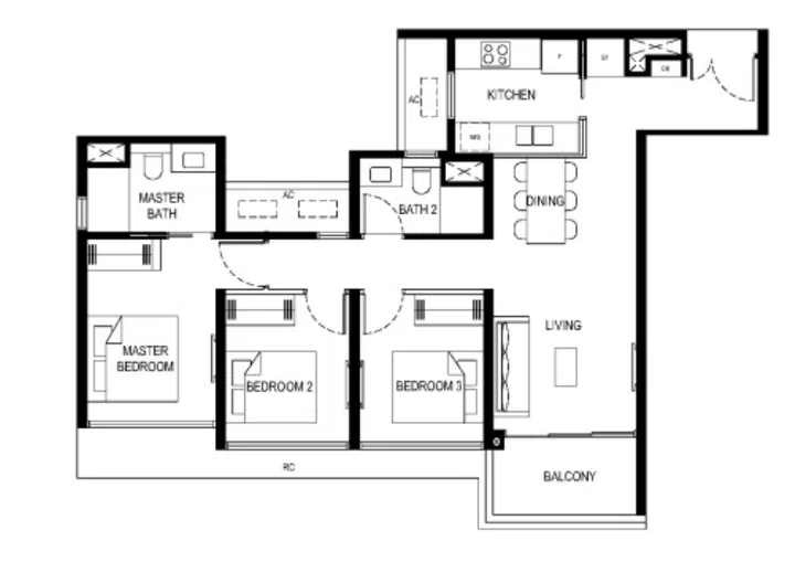 Lentor Central Residences condo 3-bedroom (type 3a) 85sqm floor plan.