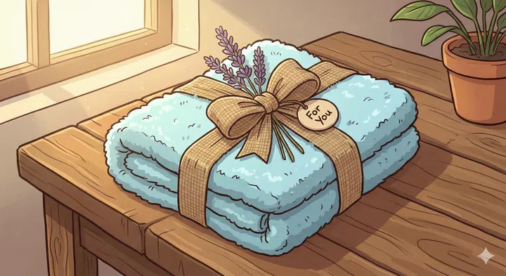 A cartoon drawing of a folded bath towel gift on a table.