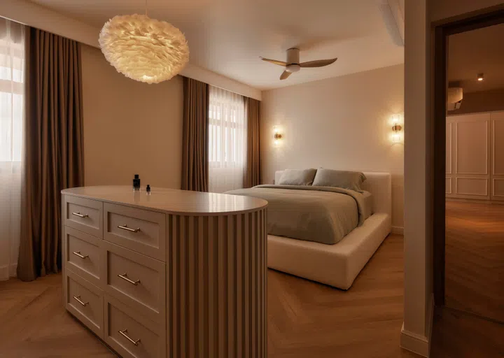 An English countryside style master bedroom in a 4-room HDB BTO (1,004 sq ft) in Bishan, designed by RENOSTUD.IO.