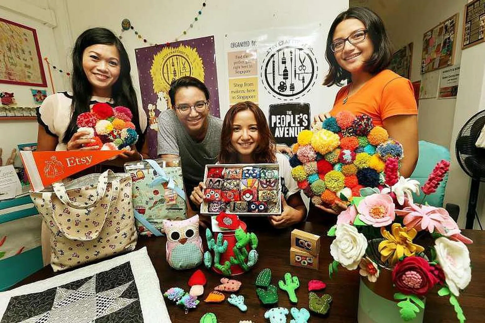 Singapore crafters (from far left) Vivien Tan, Salehah Zailani, Salinah Zailani and Siti Nuraisah Zailani are part of Etsy Craftivist SG, which is organising the Singapore edition of the Etsy Made Local market.ST PHOTO: LAU FOOK KONG