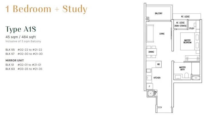 Emerald of Katong 1 Bedroom + Study (Type A1S) 45sqm floor plan.