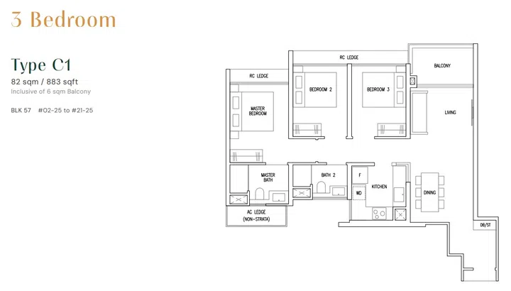 Emerald of Katong 3-bedroom (Type C1) 82 sqm floor plan.
