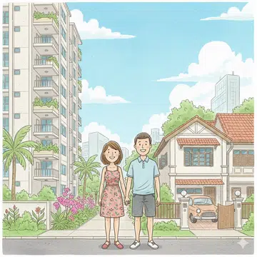 A drawing illustration of a Singaporean couple in front of an apartment building and a landed house.