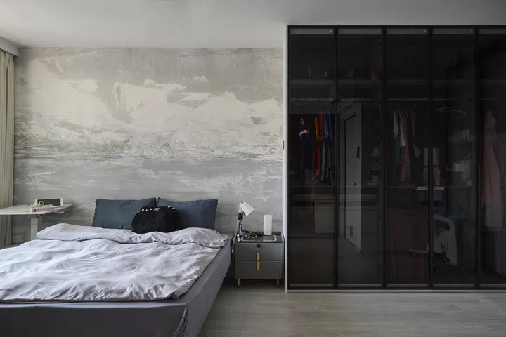 Monochrome master bedroom design in a 5-room HDB in Edgedale Plains.