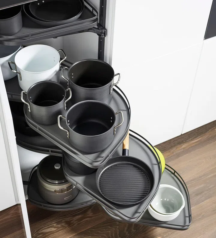 Don’t let details like kitchen drawer dividers and kitchen storage compartments be an afterthought. Pull-out larders, carousel kitchen cupboards and lazy susans help maximise hard-to-reach areas and dead space. Available at Hafele.