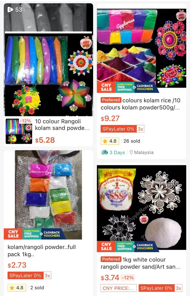 White to coloured Kolam powders can be easily purchased on Shopee.