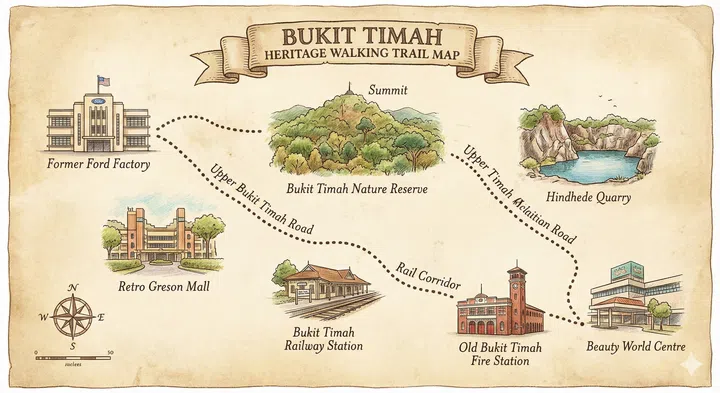 A drawing illustration of the Bukit Timah heritage walking trail map.