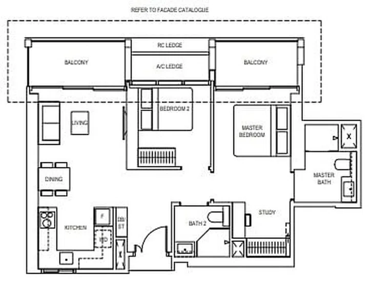 Canninghill Piers 2-bedroom with ensuite study condo unit (Type B1S) floor plan spanning 829 sq ft.