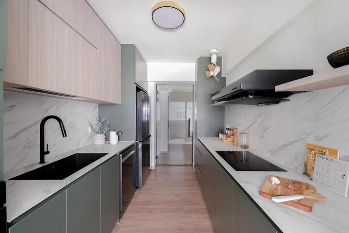 Galley kitchen layout in a 3-Gen HDB BTO flat in Tengah Garden.