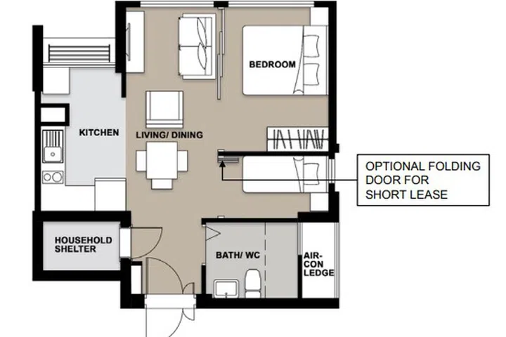 Ghim Moh Natura 48 sqm 2-room flexi (type 2) floor plan. 