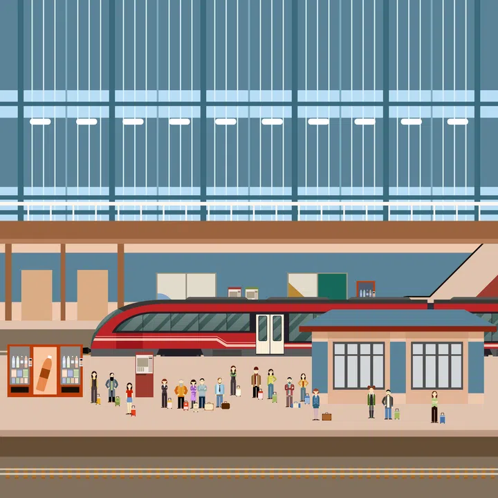 Train station with people on the platform. Vector illustration in flat style.