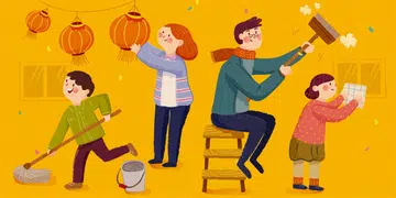 Adorable spring cleaning characters on yellow background.