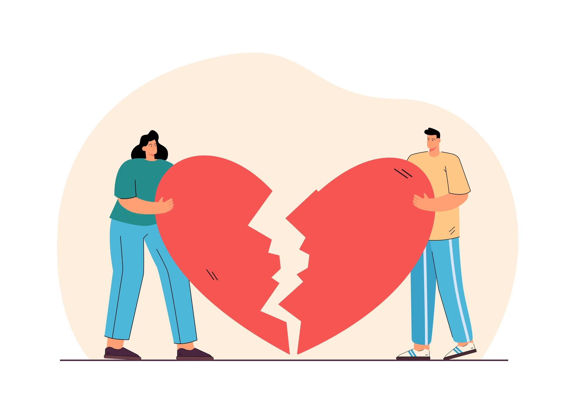 Man and woman holding broken heart flat vector illustration. Cartoon male and female characters standing and holding halves of heart. One-way love, unhappy relationship concept.