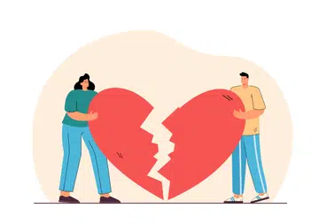Man and woman holding broken heart flat vector illustration. Cartoon male and female characters standing and holding halves of heart. One-way love, unhappy relationship concept.