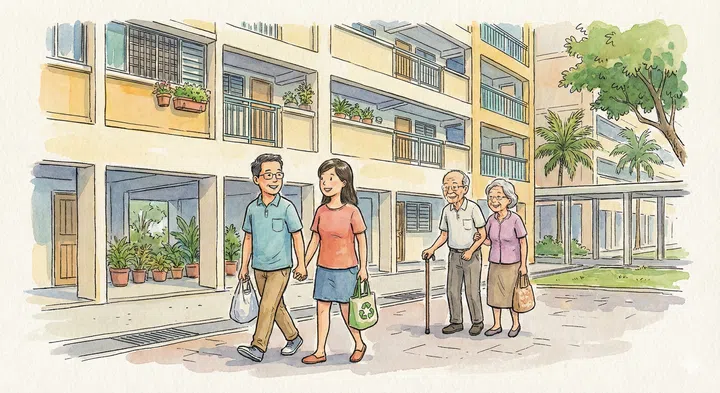 A drawing illustration of a couple and their elderly parents walking to a hdb apartment building.