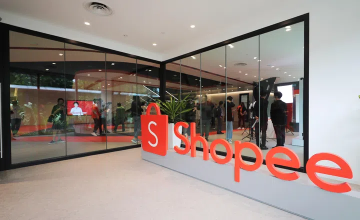 Large Shopee logo outside the Shopee office in SIngapore.