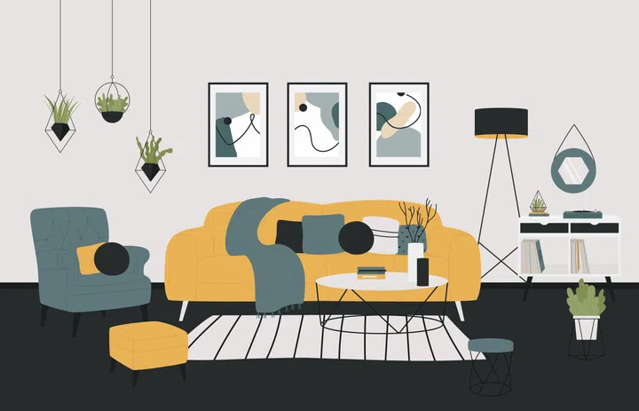 Scandinavian minimalistic style home cozy living room vector illustration. Trendy furnished stylish interior design with decoration