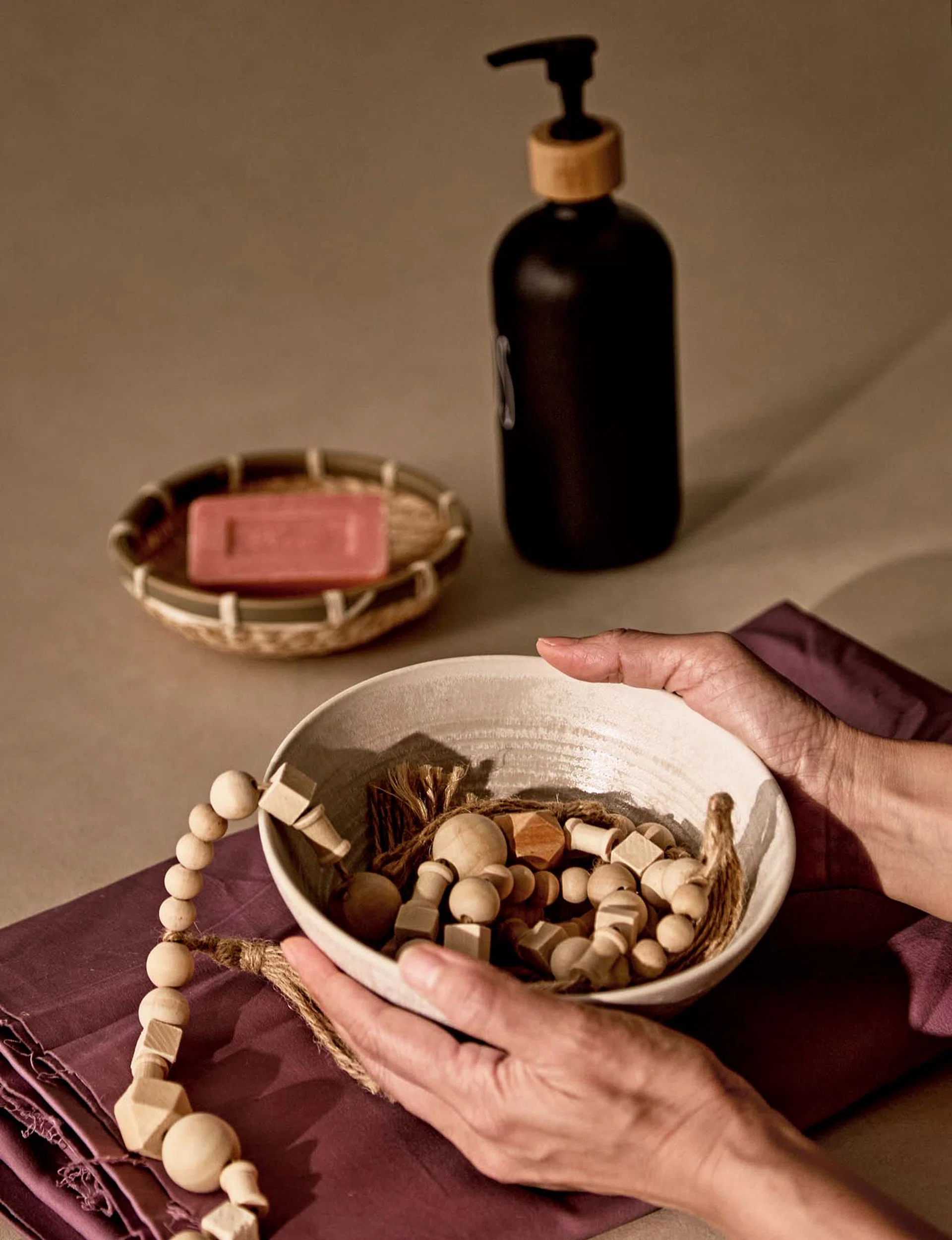 Cloudy cement laminate, from Tak. Bowl; Soap dispenser, all from SSF home. Breads; Purple fabric all from Spotlight. Small basket; Soap, all from Daiso.