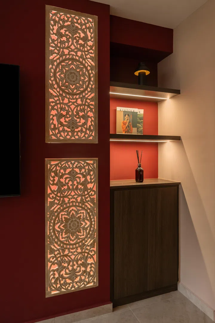 Built-in shelving and handcrafted details continue the Moroccan-inspired palette throughout the home.