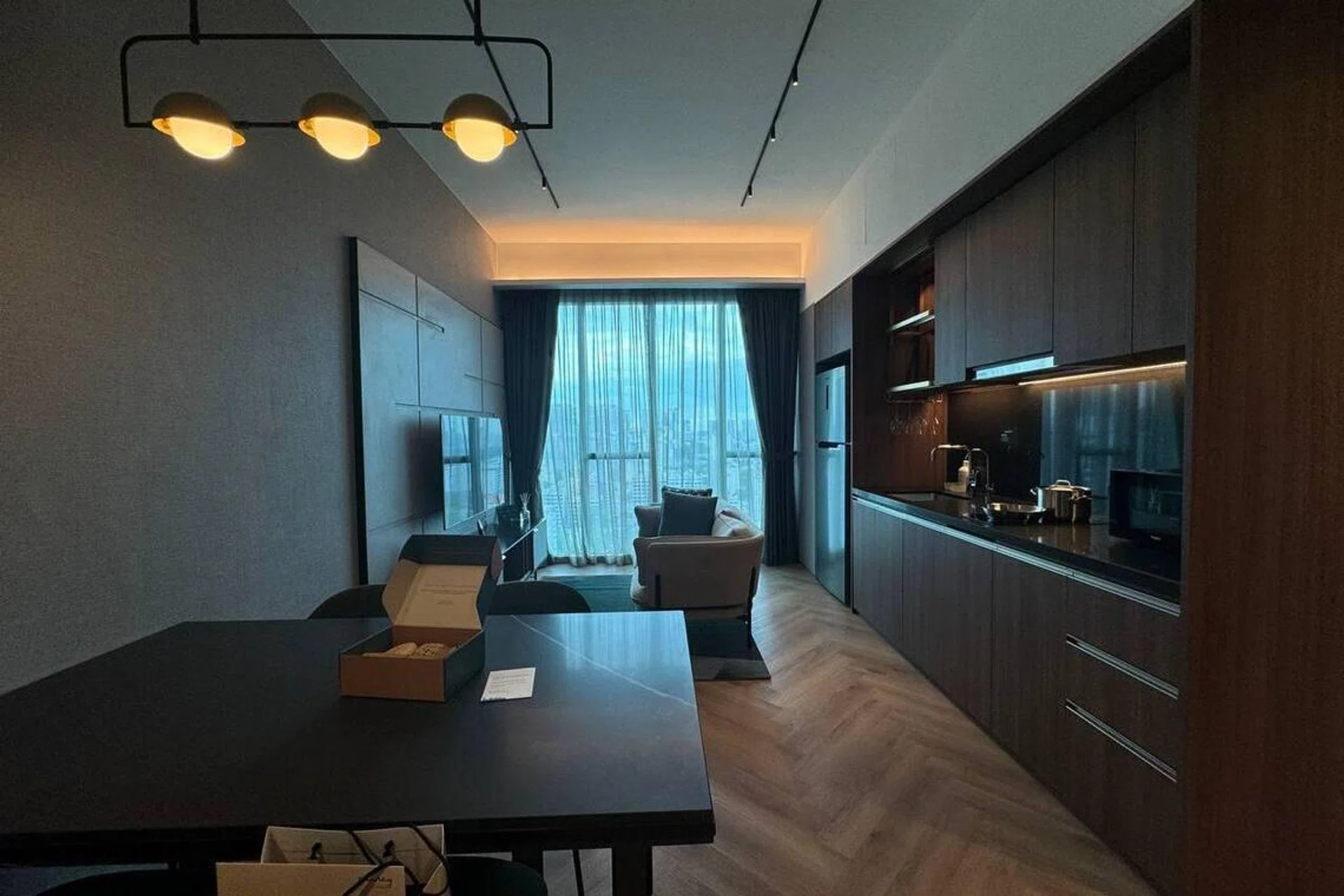 Overview of Quincy House's Two-Bedroom Deluxe living room and kitchenette spaces.