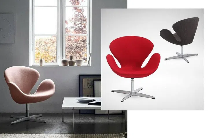 From left: The original Swan Chair by Arne Jacobsen from W Atelier ($9,240); Swan Lounge Chair Replicas from Comfort Furniture ($495 for two)