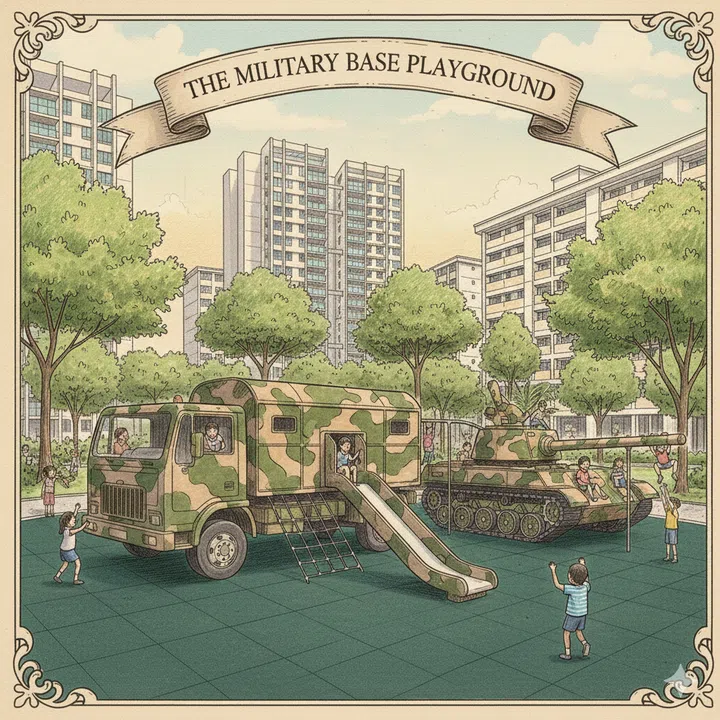A drawing illustration of The Military Base playground at Keat Hong Woods.