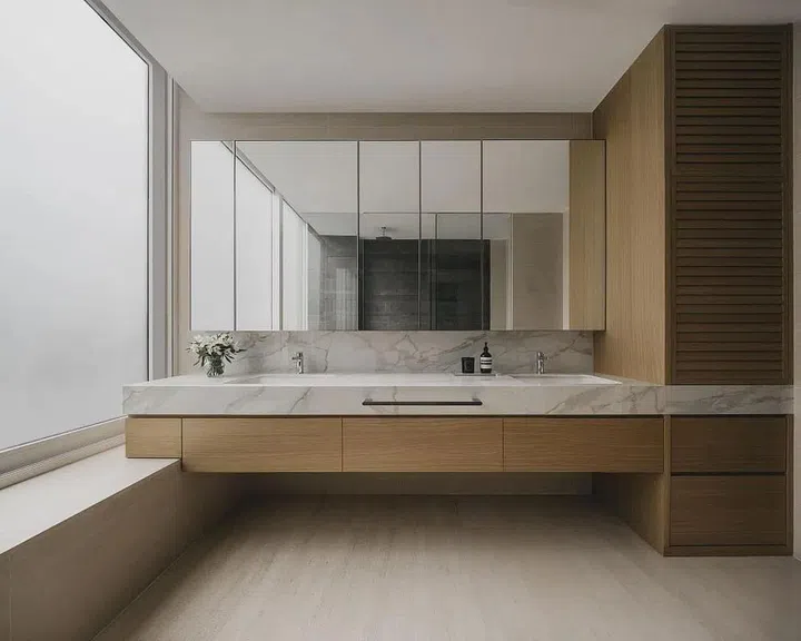 With the removal of the bathtub in the master bathroom, the countertop was extended to fit his-and-her washbasins in this 8 Napier Road condominium. (Photo: Studio Periphery)