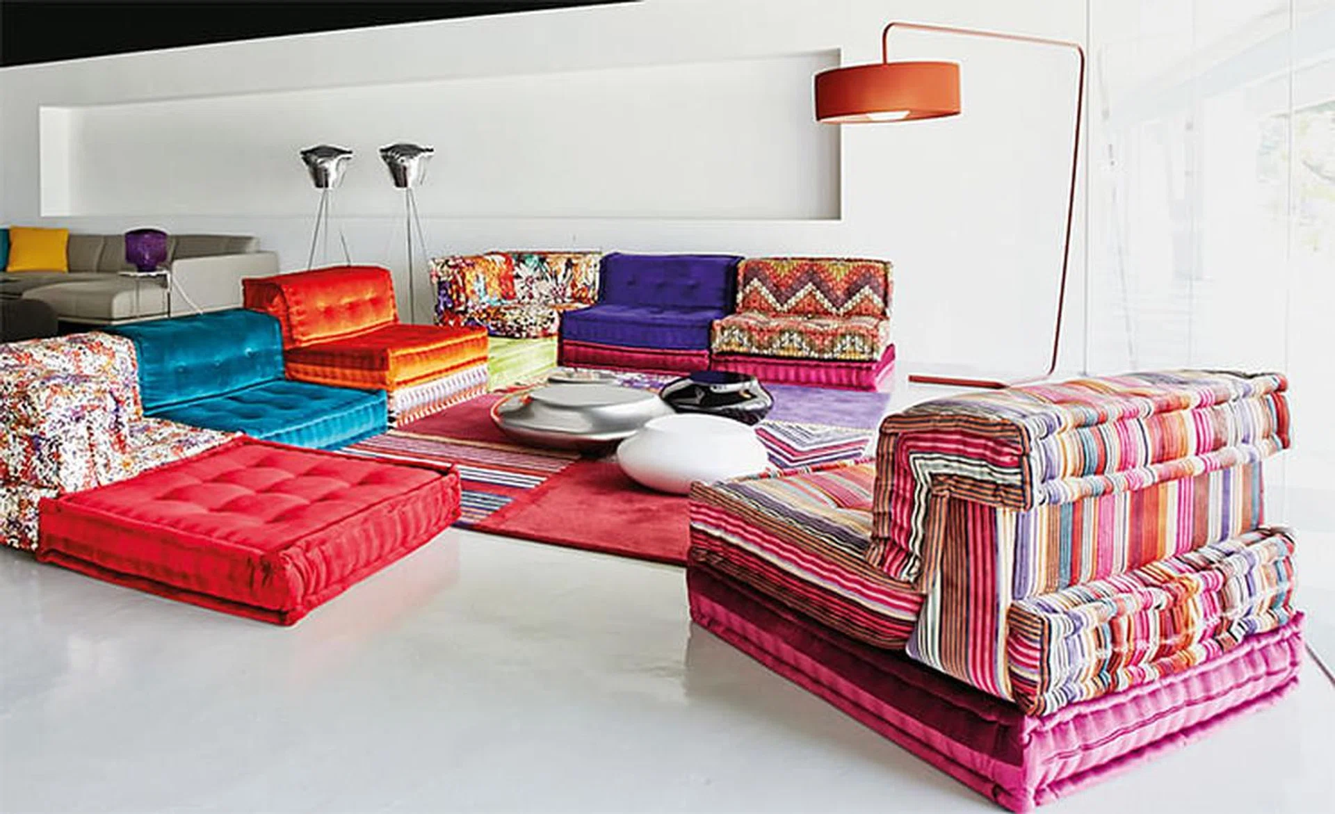 The Roche Bobois Mah Jong modular sofa is upholstered in both Missoni Home and Roche Bobois fabrics, displayed at the Roche Bobois showroom in 2014.