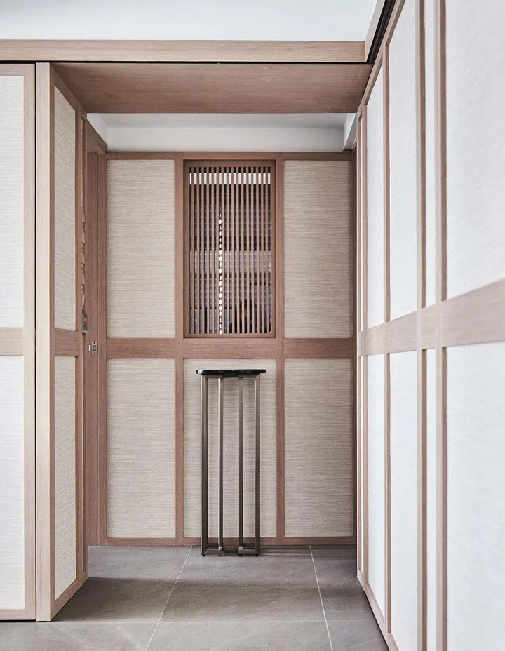 Tile floor in a Japanese theme HDB in Singapore. Interior design by Artistroom.