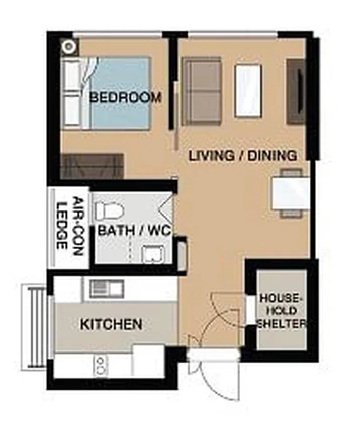 Punggol Point Cove BTO 2-room Flexi Type 2 floor plan. Floor area 47 sqm. Image from MyNiceHome HDB