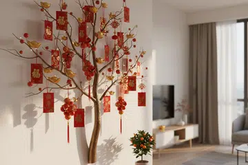 An artificial money tree Chinese New Year decor on a wall in an apartment.