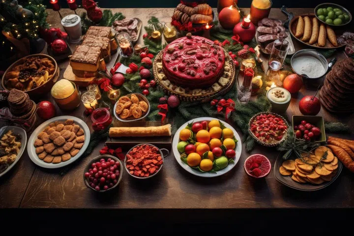 Thanksgiving Food and Dessert for party invitation, Christmas party celebration with dinner meal on table, Happy new year and Xmas scene, wooden table full of food and treats. Image from 123RF