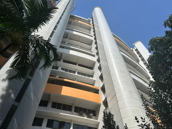 The external lift shafts were a later addition to the buiding.