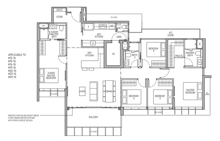 The Myst 5-bedroom (Type E1) 157 sqm floor plan.