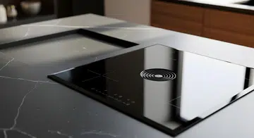 Close-up of a black induction cooktop seamlessly built into a gray stone kitchen island, showcasing contemporary design and technology.