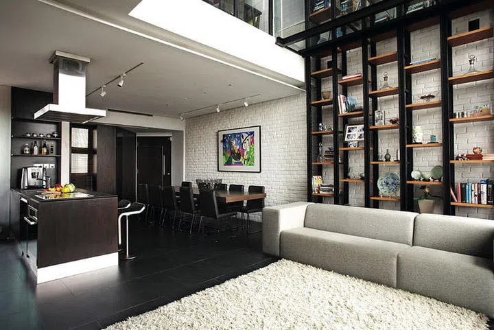 open concept living open shelving storage space