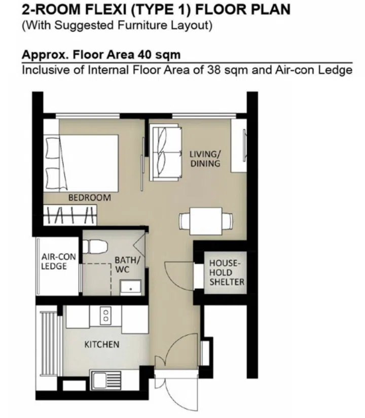 Queenstown Stirling Horizon BTO 2-room (type 1) 40 sqm floor plan.