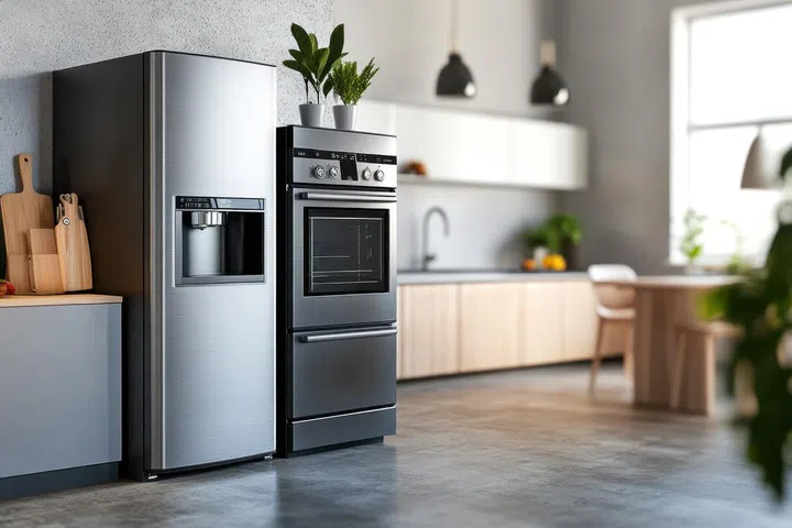A bright kitchen showcases stainless steel appliances and wooden elements, creating an inviting atmosphere.